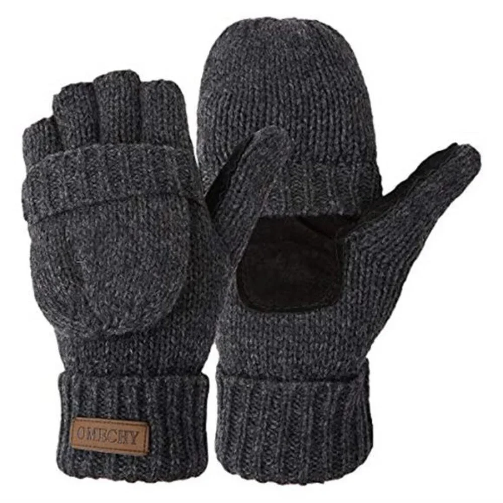 Winter Gloves Men Women Fingerless Mittens Convertible Wool Knitted Warm Thermal